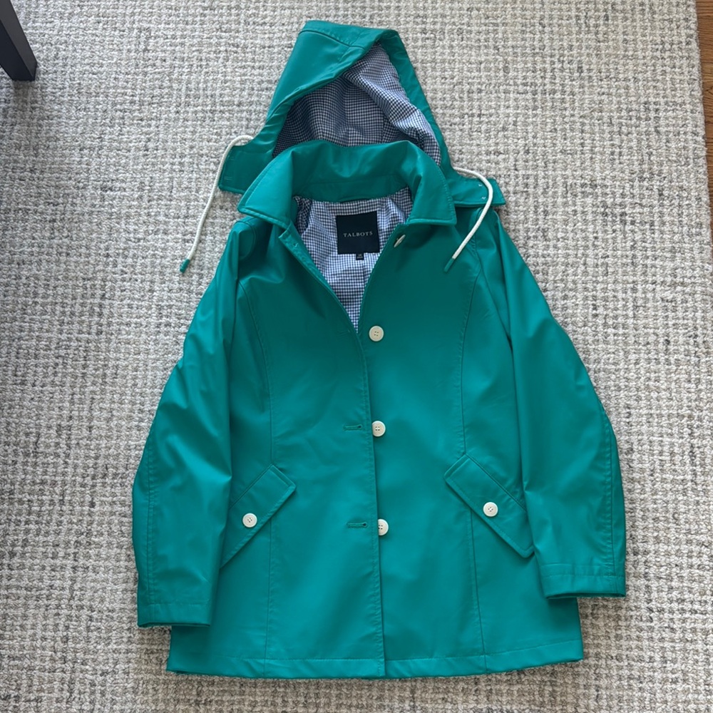 Talbots Teal Hooded Rain Coat with White Buttons